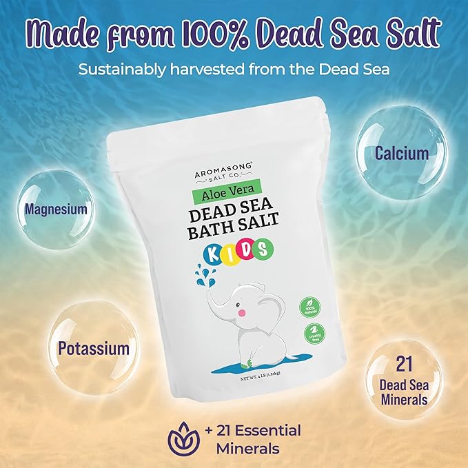 Aromasong Dead Sea Salt Kids Bath Soak with Aloe Vera – Soothing, Calming & Sleep-Ready – 4 Lbs Fine Grain Bulk Resealable Pack – 100% Pure & Natural Mineral-Rich Bath Salt