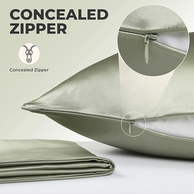 100% Pure Mulberry Silk Pillowcase for Hair and Skin, 6A Grade 22 Momme Silk Pillow Cases with Zipper, Soft Cooling Washable Both Sided Silk Pillow Cover (Olive Green, Queen 20''x30'')