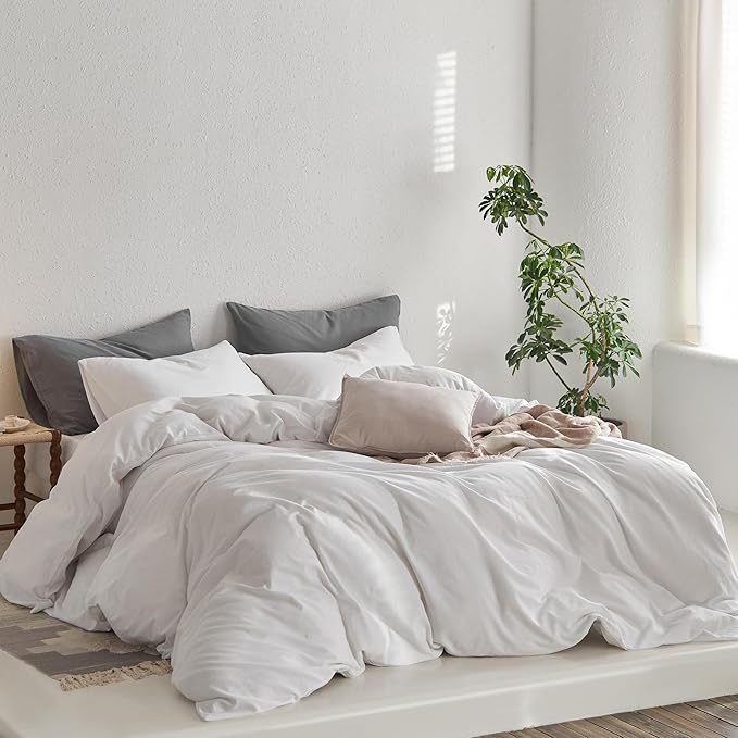 MooMee King Duvet Cover Set, 100% Washed Cotton Linen Like Twill Thick Sturdy Material Super Soft Breathable Durable Bedding for All Season, 3 Pieces (Bright White, King 104"x90")