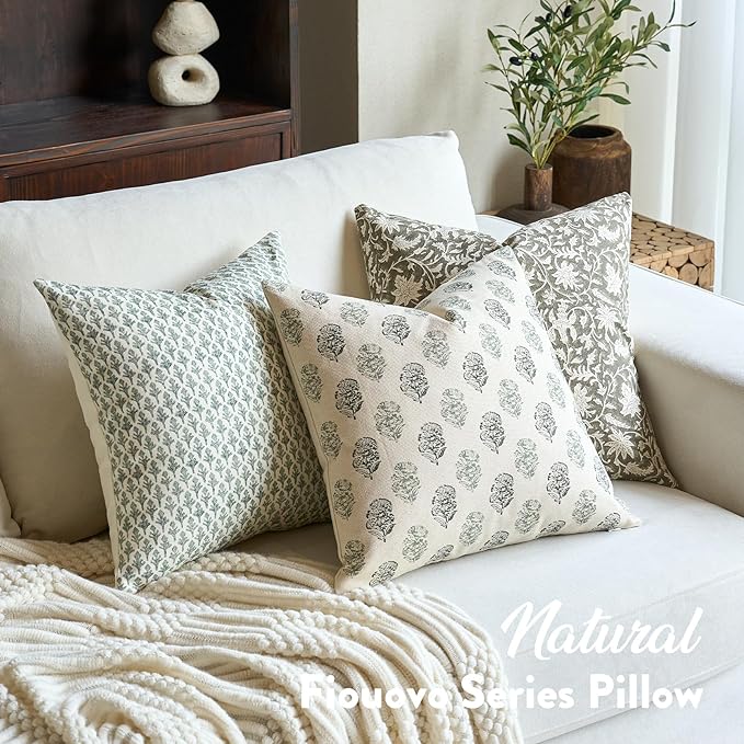 FIOUOVO Floral Vintage Throw Pillow Covers 20x20 Pillow Cover Block Print Decorative Cushion Covers Farmhouse Neutral Accent Home Décor for Sofa Couch Living Room Bedroom, 1PC, Olive Green