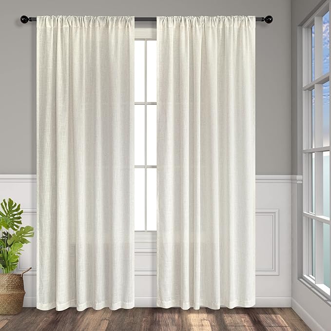 Pitalk 48 Inch Curtains for Cafe Kitchen Cream Linen Semi Sheer Short Curtains & Drapes Privacy with Light Filtering Curtain for Small Window 52 x 48 Inches Long Length 2 Panels Back Tab Ivory Colored