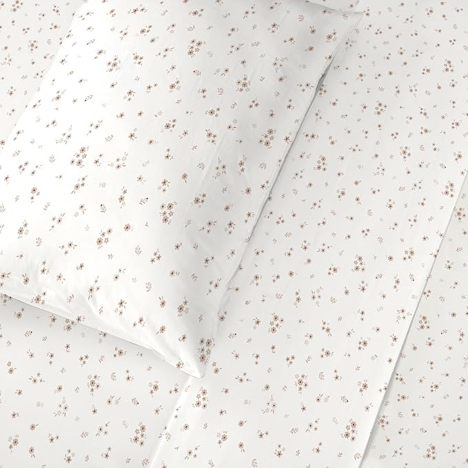 MakeMake Organics Organic Queen Sheet Set GOTS Certified Organic Cotton Sheets Queen Bed Fitted Sheet Flat Sheet Pillowcases Set - Ultra Soft Non Toxic Breathable Ditsy Flowers Peach (Queen, Bloom)
