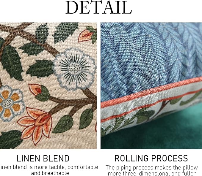 ISAENNE Design Lumbar Retro Elegant Linen Throw Pillow Covers 12"x20" Pack of 2, Blue Gray Floral Vine Pattern Cushion Covers Decor Rectangle Pillowcases for Bed,Living Room,Outdoor,Car