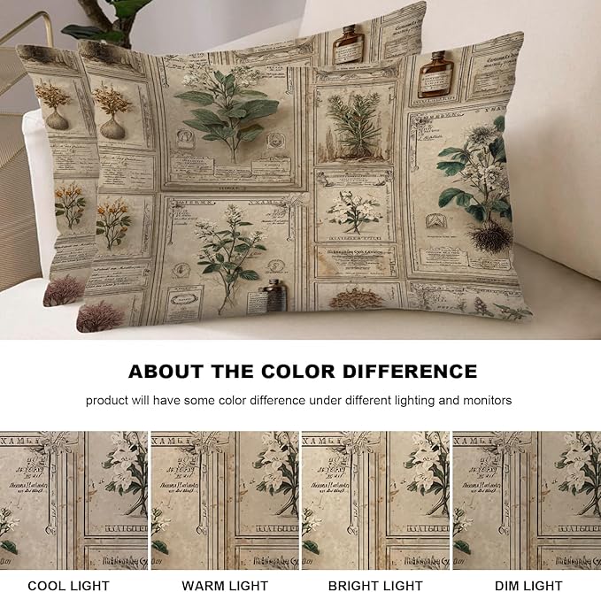 Shrahala Mythical Plants Specimen Labels Linen Pillowcases, Victorian Herbarium with Earth Tones Lumbar Pillow Cover Blended Double-Sided No Inserts for Bedroom Sofa Living Room Set of 2 (26 x 20 in)