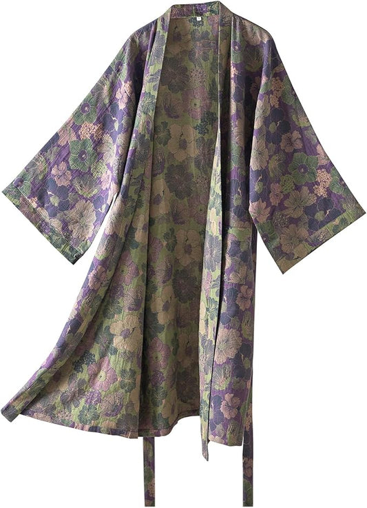 100% Cotton Gauze Ginkgo Leaf Kimono Robe, Long Knit Loose Bathrobe Nightgown Ladies Loungewear Sleepwear for Women
