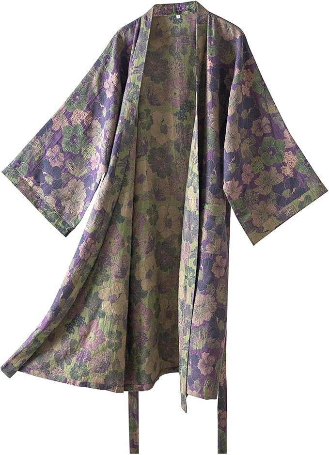 100% Cotton Gauze Ginkgo Leaf Kimono Robe, Long Knit Loose Bathrobe Nightgown Ladies Loungewear Sleepwear for Women