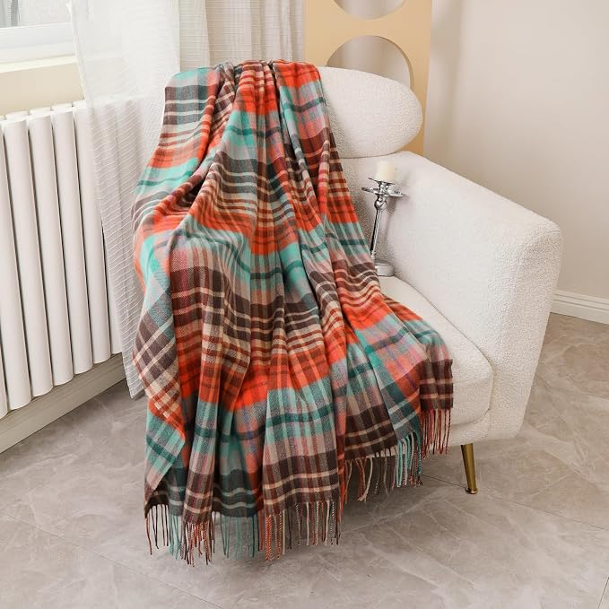 Pure Wool Blanket - Soft Lightweight Breathable Blanket Large 55x83 inches, 1.5 lbs, Wool Fringed Knee Throw Blanket for Couch Bed Outdoor Travel,Tartan-Red Pinstripe