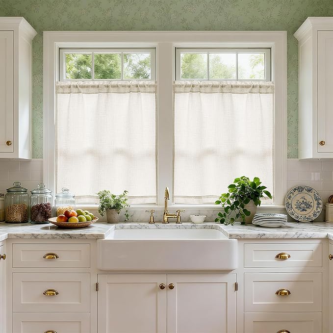 40 Inch Linen Farmhouse Kitchen Curtains 2 Panels Semi Sheer Light Filtering Privacy Small Drapes for Living Room Bedroom Bathroom Rod Pocket Neutral Window Curtains 40 Inches Long W34xL40