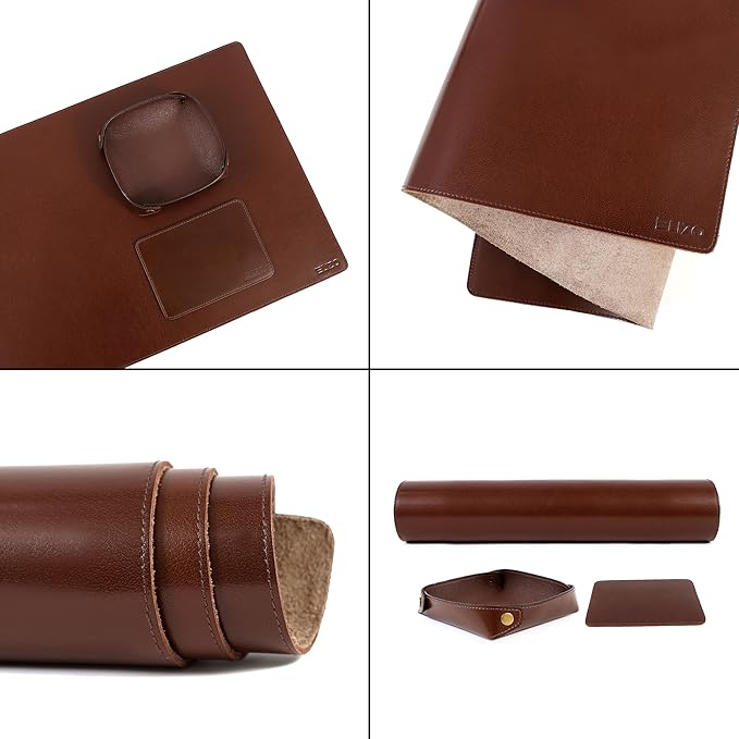 ELIZO Leather Desk Pad Real Leather Desk Mat Thick (3mm) Double Layer (32x16) Cover Blotter Desk Protector Large Computer Mat for Keyboard Mouse Pad Table Laptop Mat Office Accessories - Chestnut