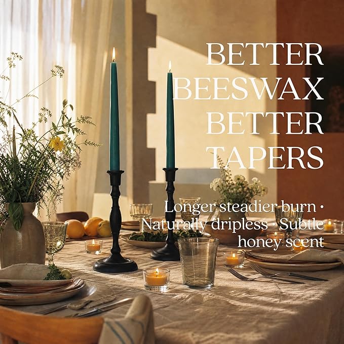 Bluecorn Beeswax Taper Candles, 100% Pure Natural Bees Wax, Pair of 12 Inch Teal Tapered Candlesticks, Clean Burning & Dripless, Fragrance Free, Long Lasting, Home Decor, American Made, 1 Count