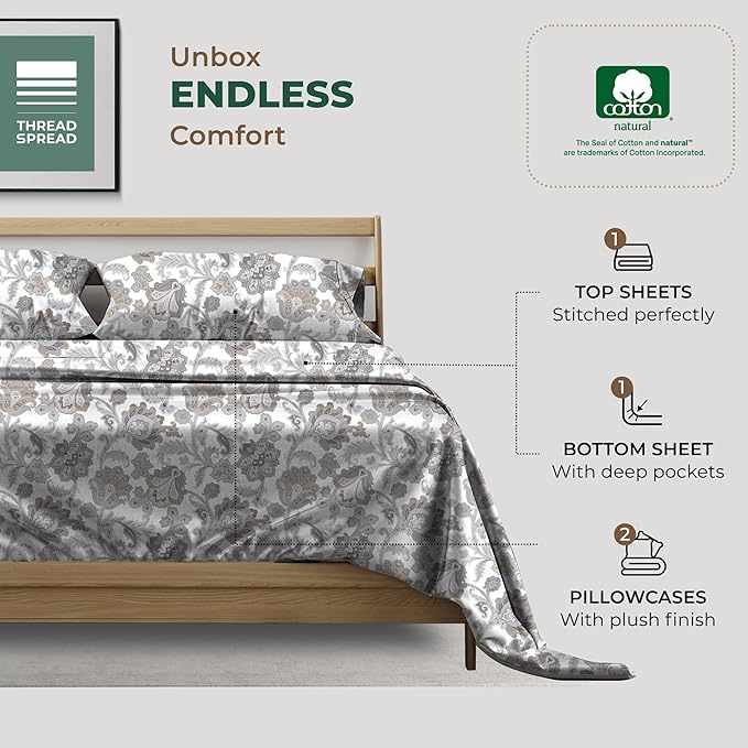 THREAD SPREAD 100% Organic Cotton Sheets King Size - Organic Cotton Percale Weave Sheet Set (4 PC, Floral Ivory), Soft, Cooling, Crisp & Breathable, 16" Deep Pocket Hotel Quality Bedding Set