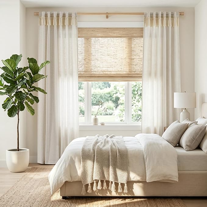 jinchan Linen Curtains for Living Room Bedroom Light Filtering Semi Sheer Curtains Boho Farmhouse French Country Cottage Core Decor Window Drapes Back Tab 84 Inch Length Tassel Beige