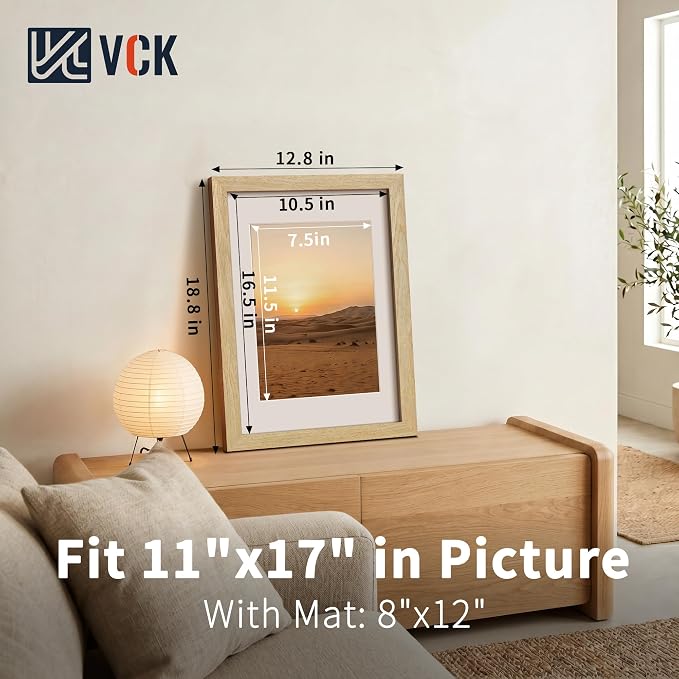 VCK 11x17 Picture Frames Natural - 3 Pack, Wide Border Solid Wood, Tempered Glass, Display 8x12 Photo with Mat or 11 x 17 Without, for Home, Office, Gallery, Woodgrain Series, Wall Hanging