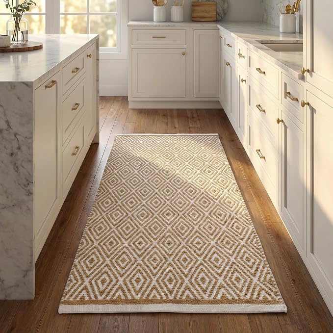Chenille Cotton Diamond Runner Rug 2x5 Feet - Linen, Reversible Washable Soft Floor Runners Ideal for Kitchen, Hallway, Bedroom, Bathroom | Beige Farmhouse Boho Indoor Use Rugs for Patio Décor