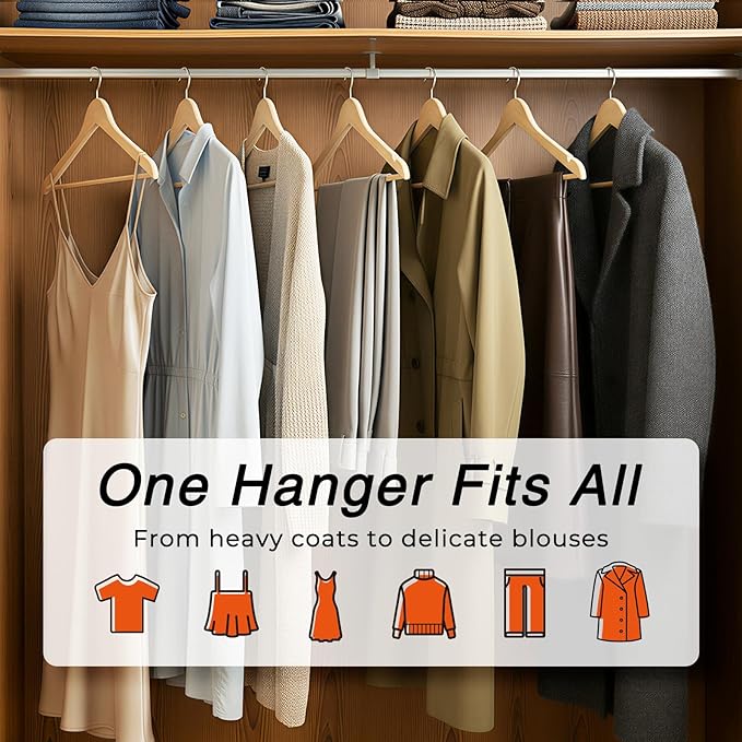 HOUSE DAY Slim Wooden Hangers 10 Pack, Solid Wood Hanger with Non Slip Shoulder Notches & Pant Bar, Smooth Finish Wood Clothes Hangers for Shirts, Suits, Jackets, Natural