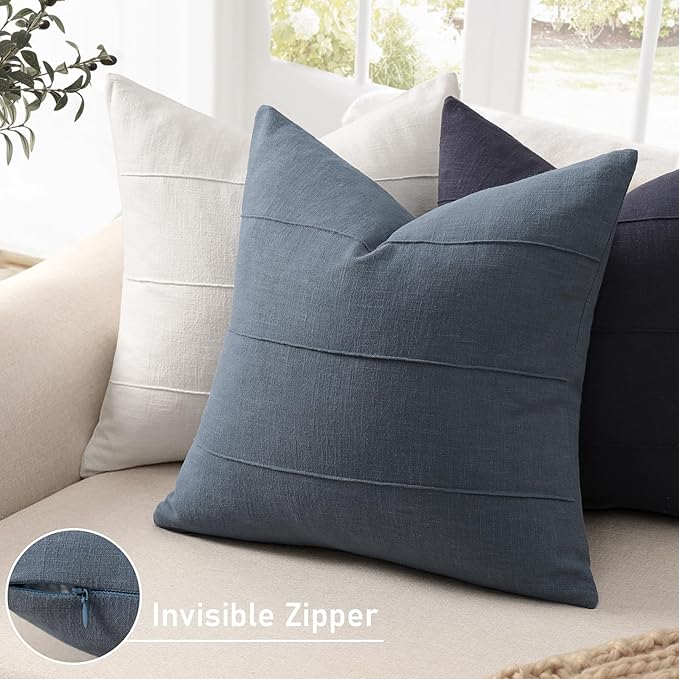 ZWJD Decorative Linen Throw Pillow Covers 22x22 Set of 2 Solid Handcrafted Striped Cushion Covers for Bed Soft Modern Farmhouse Neutral Pillowcase for Couch Bedroom Living Room Home Decor(Slate Blue)