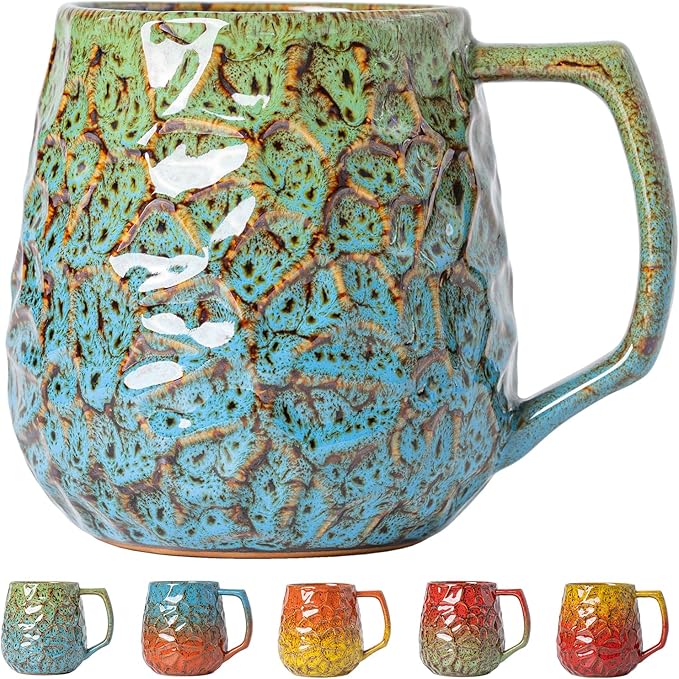 18oz Unique Kiln-Change Ceramic Coffee Mug, Handcrafted Hammered Texture Ceramic Mug with Ergonomic Handle, Microwave & Dishwasher Safe, Gift for Coffee Lovers, Home Office Daily Use (Green & Blue)