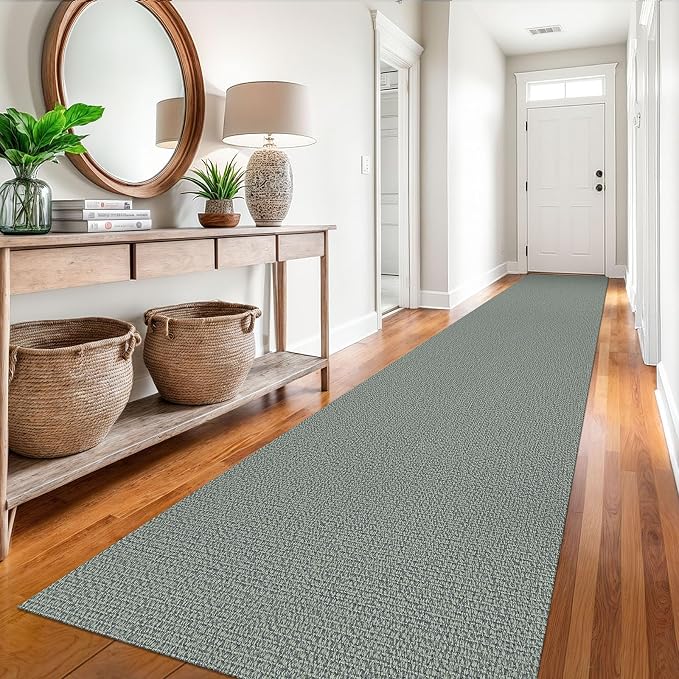 EARTHALL Extra Long Runner Rug 3x16 Ft Washable Runners for Hallways Cotton Non Slip Entryway Runner Braided Kitchen Runner Indoor Outdoor Carpet Runners for Hotels, Hall, Stair, Green/Grey
