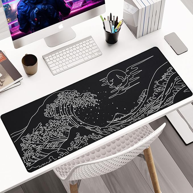 ALOANES Waterproof Mouse Pad, XL Gaming Keyboard Pad with Anti-Slip Base, Grain Jacquard Surface, Extend Desk pad for Gamer, Office & Home, Sea Wave Mousepad 31.5"x 11.8"x 0.12"
