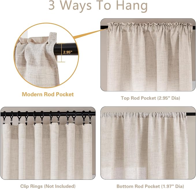 30 Inches Kitchen Curtains 2 Panels Light Coffee Tan Beige Drapes Linen Tier Curtain 30 Inch Length Privacy Rustic Farmhouse Boho Cafe Short Drapes for Small Window Bathroom RV W25xL30