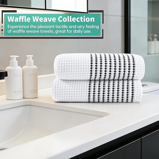 MICROFI New Microfiber Waffle Bath Towels, 2 Pieces, Soft, Absorbent, Fast Drying, Lint Free 430 GSM (White Striped)