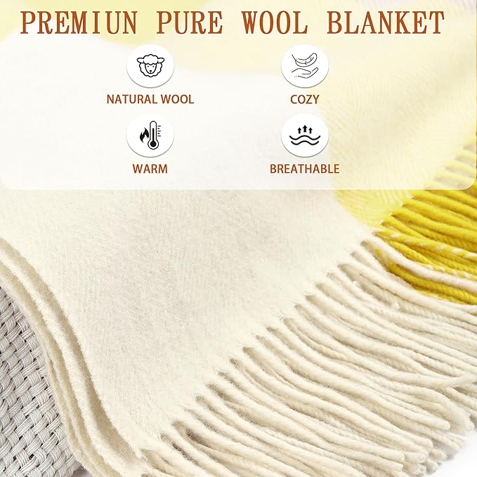 Soft Pure Wool Throw Blanket, Lightweight Warmth, 55"x83", Plaid, Fringe, Compact with Bag, Useful Gift for Women Men, All Season Decorative Cozy Travel Blanket for Couch Bed, Outdoors