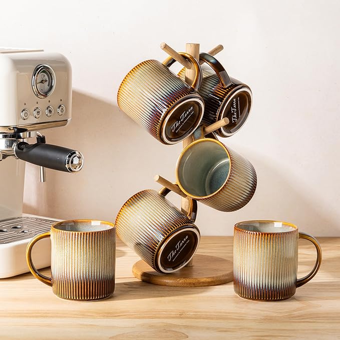 theterra Ceramic Coffee Mugs Set of 6, 14.2oz Handmade Coffee Cups with Handle for Latte, Tea, Milk, Beer, Hot Cocoa, Dusk Blue
