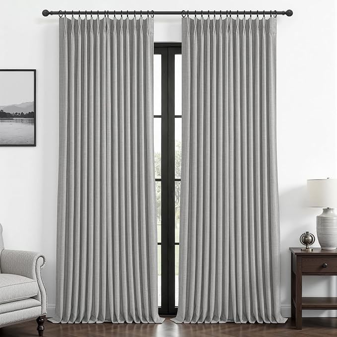 Light Grey Linen Dual Layer Curtains 102 Inches Long Panels 2 Set for Office, Blackout Memory Shape Pinch Pleated Thermal Noise Reducing Neutral Windows Curtain & Drapes with Hooks 8-1/2 FT Length