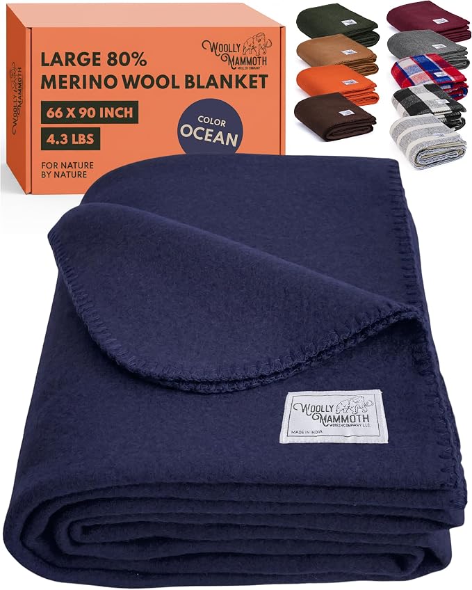 Woolly Mammoth Woolen Company Merino Wool Blanket, 66" x 90" Ocean | Temperature Regulating - Fire-Resistant - Warm Camping Blanket for Car Emergency Kits, Picnics, Summer Festivals and Stadiums