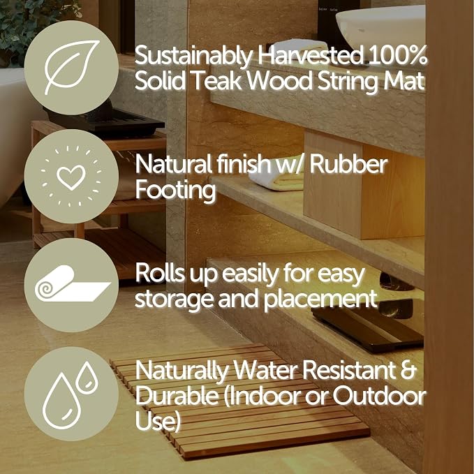 Nordic Teak 100% Solid Teak Wood String Mat - Indoor and Outdoor Use - Non-Slip Wooden Platform for Sauna, Pool, Hot Tub Flooring Decor and Protector (Natural Finish, 23.62" x 15.75")