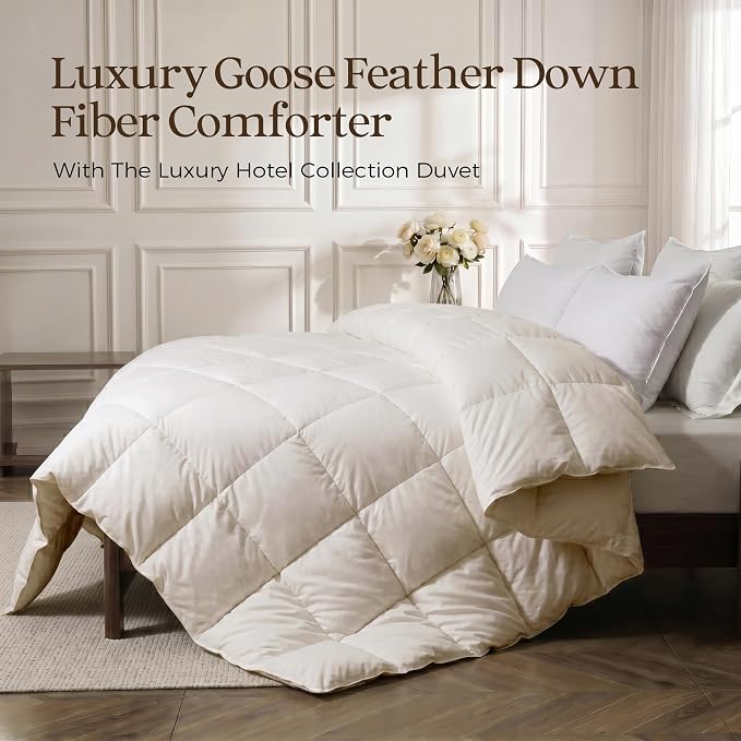 UNIKOME All Season Goose Feather Down Fiber Comforter King Size - 100% Organic Cotton Cover Natural Breathable Duvet Insert, 750+ Fill Power, Hotel Luxury Bedding Comforter (104"x90")
