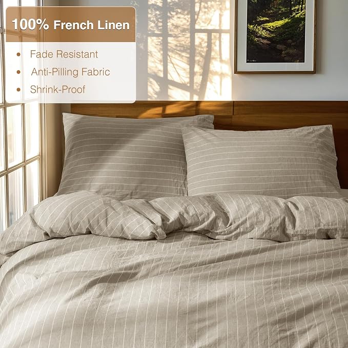 SONORO KATE 100% French Linen Duvet Cover Queen Size, Soft Breathable for Hot Sleepers, Moisture Wicking & Durable Cover Set - Zipper Closure & 4 Corner Ties Duvet Covers 3 PC (Linen & White Stripes)