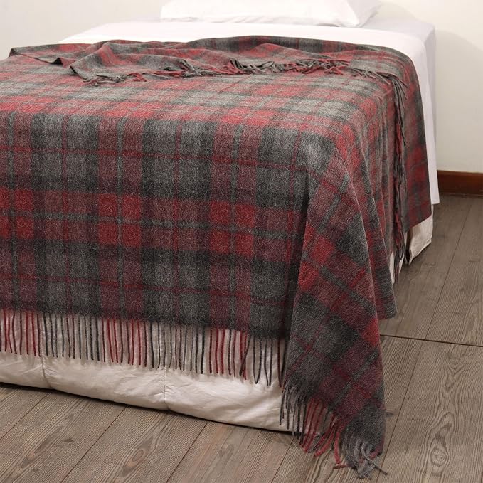 Superfine Alpaca Wool Throw Blanket - Lightweight Alpaca Merino Wool Throw Blankets | Soft Peruvian Alpaca Blanket Wool Blanket Scottish Design 72" x 60" (Gray/Red)