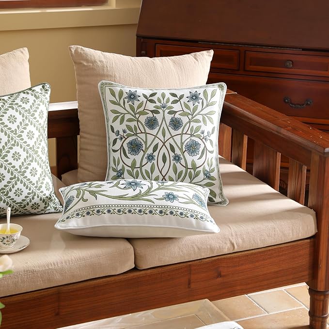 ISAENNE Design Fresh Linen Lumbar Throw Pillow Covers 12"x20" Pack of 2, French White Cottage Cushion Covers with Green Branches Pattern Decoration Pillowcases for Bed,Living Room,Outdoor,Car