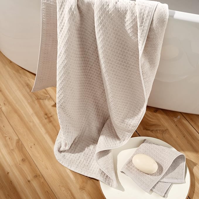 UCHINO Waffle Twist Cotton Weave Towel Set for Bathroom – 2 Bath, 2 Hand, 2 Washcloths, Lightweight Absorbent Quick Dry Honeycomb Texture Solid Terry Loop Reverse, 6 Piece, Linen