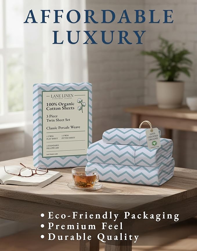 LANE LINEN 100% Organic Cotton Twin Size Bed Sheets, Fully Elasticized Mercerised Cotton Naturally Cooling Twin Bed Sheets Machine wash Ecor Friendly Prined Deep Pocket Sheets -Chevron