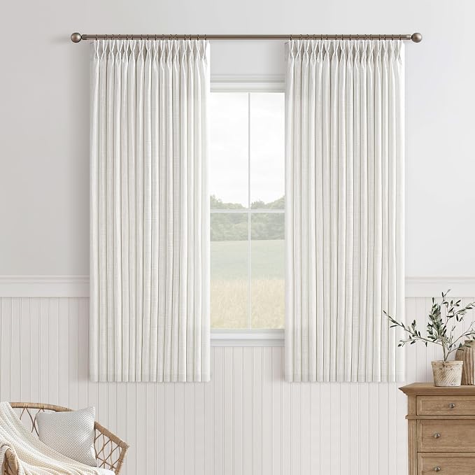 Beige White Pinch Pleated Linen Curtains 54 Inch Long for Kitchen with Rings Hooks Back Tab Light Filtering Farmhouse Short Semi Sheer 54 Inch Curtain for Dining Room Bedroom Small Window W50xL54