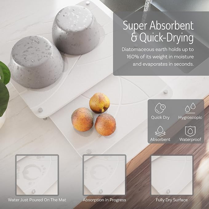 Nested Dish Drying Stone Mat with Bamboo Rack | Large 16"x12" Dish Drying Mat plus 13"x12" Diatomaceous Earth Stone Mat | Expands to 29” x 12” | Premium Stone Mat for Kitchen Counter (White)