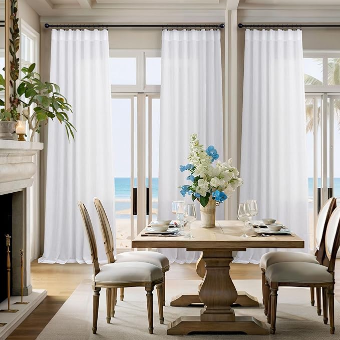 Pitalk White Linen Extra Long Curtains 120 Length for Living Room 2 Panels Set Back Tab Rod Pocket Drapes Semi Sheer High Ceiling Curtains for Large Windows Patio Sliding Door Bedroom 10 FT 52x120
