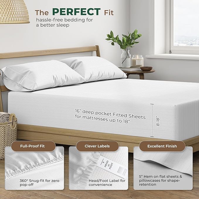 THREAD SPREAD 100% Organic Cotton Sheets California King Size - Organic Cotton Cal King Size Percale Sheet Set (4 PC, Light Grey Pinstripe), Soft, Cooling & Crisp, 16" Deep Pocket Hotel Bedding Set