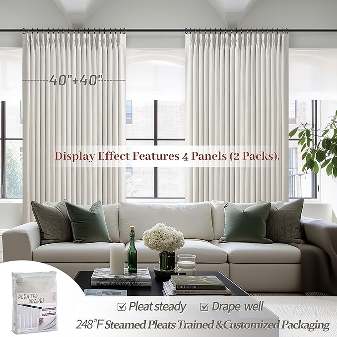 Off Beige White Double Layer Thick Linen Blackout 105 Inch Curtains 2 Panels Set for Dining Room, Pinch Pleated Room Darkening Thermal Curtain for Summer Heat Boho Office Window Drapes 8-3/4 FT Length