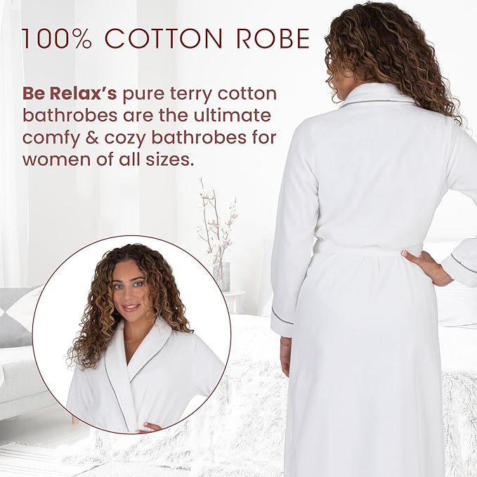 Be Relax Bathrobe for Women - Full Length Terry Cotton Robe with Shawl Collar and Hood, Warm and Cozy Robe with Belt & Pocket