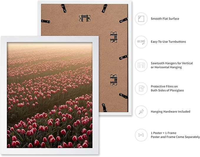 Monem Art Golden Tulip Field Sunset Photography Print - Romantic Spring Landscape Art Poster - Wall Decor for Living Room, Bedroom or Office - 12x16 White Framed Wall Art by Mareike Bohmer