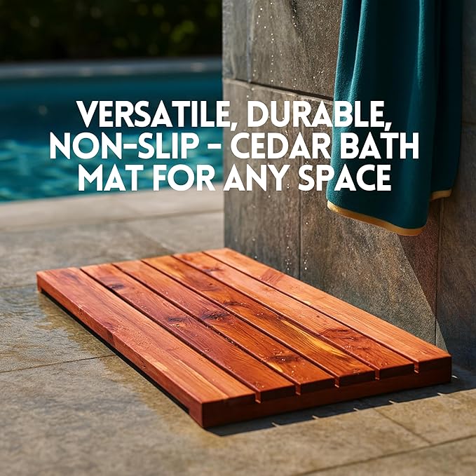 Cedar Wood Bath Mat – 22”x14” Nordic Style Non-Slip Shower Mat | Indoor & Outdoor Use | Wood Bathroom Mat & Floor Protector | Handcrafted in USA - Small