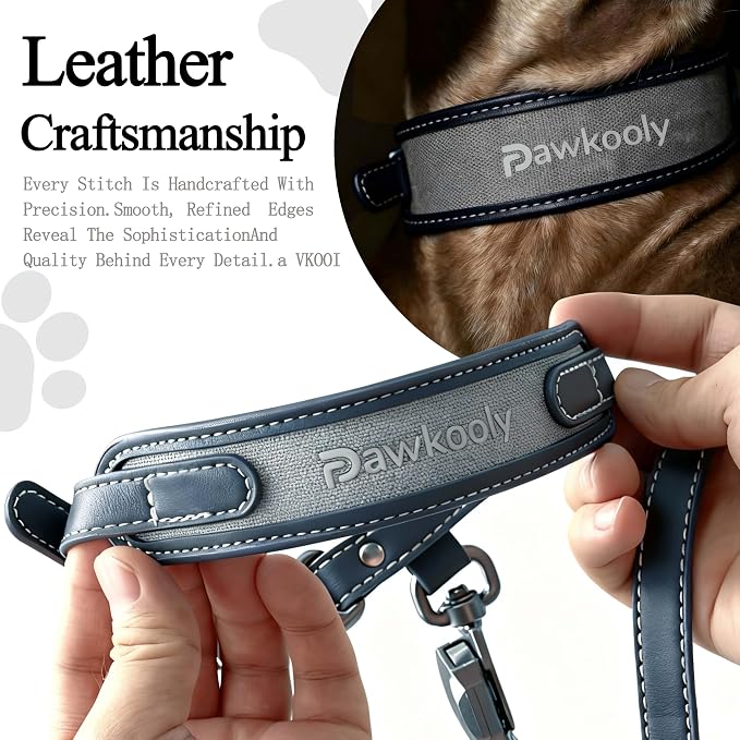 MagEase Dog Collar with 4FT Leash | Adjustable | Anti-Wrinkle, Bite & Stain-Resistant Leather | Soft & Skin-Friendly | 450LB Escape-Proof Magnetic Buckle (Navy Blue, Extra Large)