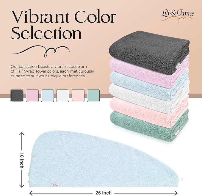 Lili&James 100% Cotton Hair Towel Wrap for Women & Kids – 420 GSM Quick Dry Hair Turban with Double Button Loop, Anti Frizz Non Microfiber Hair Drying Towel for Curly, Long & Thick Hair (Blue)