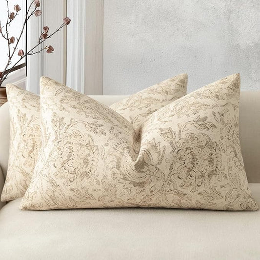 Vintage Floral Print Throw Pillow Covers 12x20 Set of 2 Neutral Modern Farmhouse Pillowcases Accent Decorative Cushion Covers Boho Home Decor for Couch Sofa Chair Bed Living Room, Natural Beige
