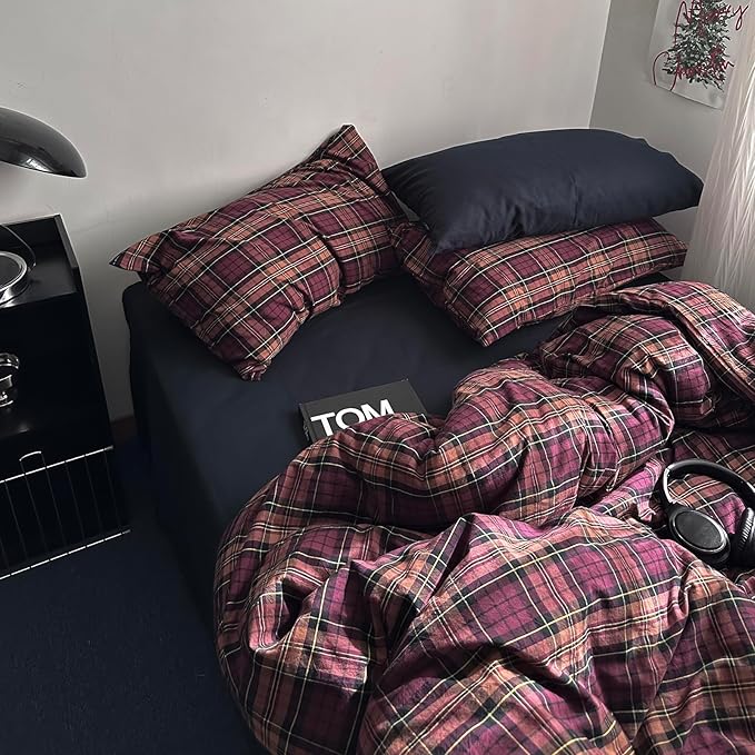 mixinni Vintage Buffalo Plaid Duvet Cover Set Twin XL Size – 3 Piece Washed Cotton Bedding for College Dorm, Soft & Breathable Burgundy Grid Comforter Cover with Retro Aesthetic for Teen Boys Girls