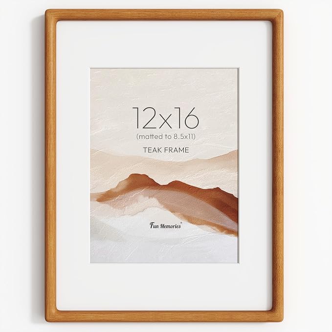 12x16 Picture Frame, USA-Sourced Teak Wood Picture Frame 12 x 16 for Art & Poster Display, 12x16 Frame with High Tempered Glass, Wooden Frame Matted to 8.5x11 Photo Wall Mounted, 1 Pack