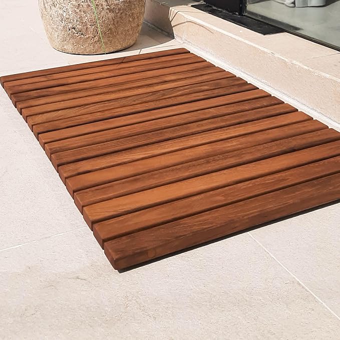 Nordic Teak 100% Solid Teak Wood String Mat - Indoor and Outdoor Use - Non-Slip Wooden Platform for Sauna, Pool, Hot Tub Flooring Decor and Protector (Oiled Finish, 23.62" x 15.75")